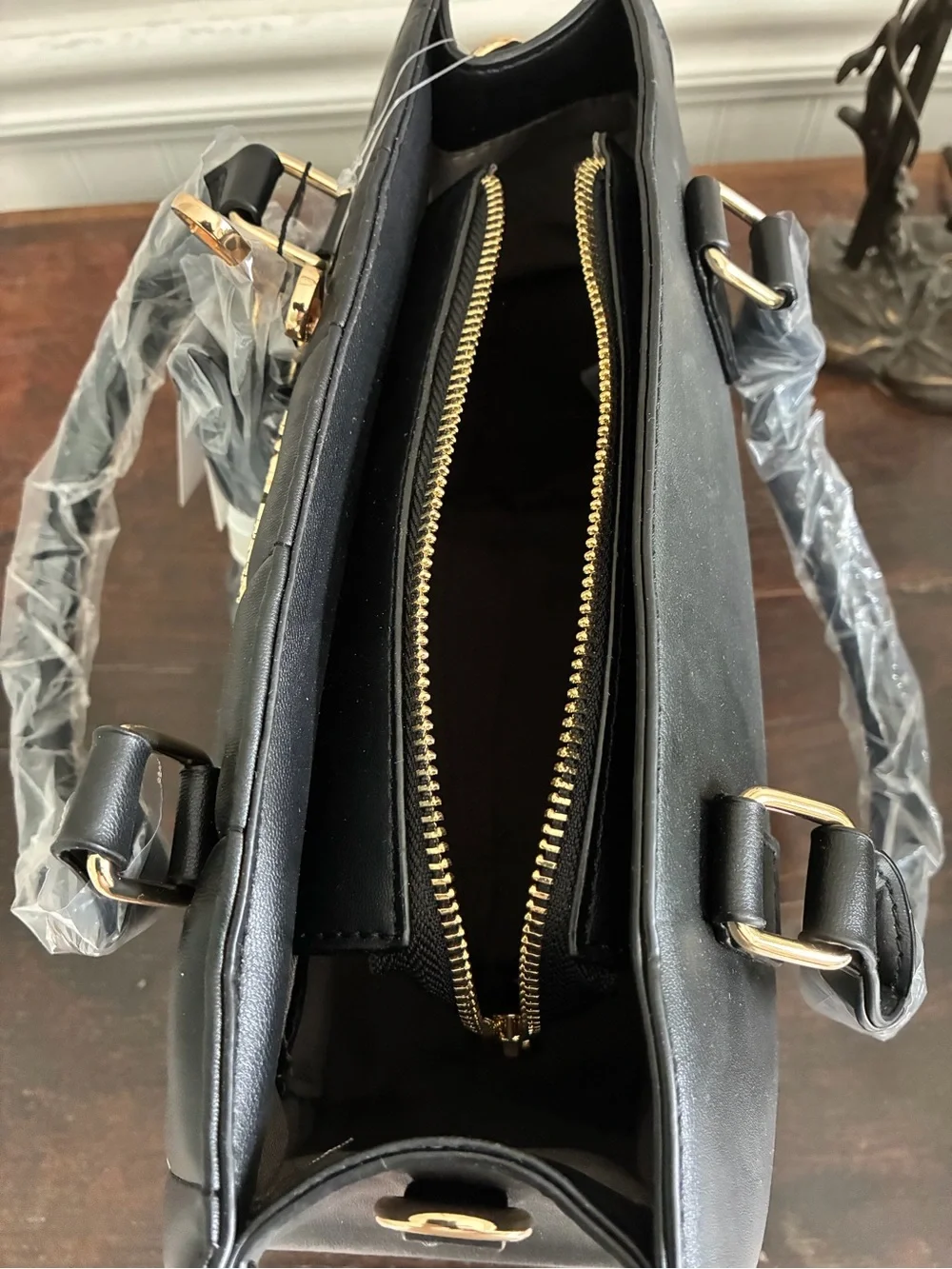 Ellen Tracy Black Quilted and Studded Top-Handle Satchel with Gold Accents